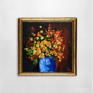 Pintura de buquê de flores, arte original de outono, natureza morta, pintura floral, arte de parede, flores de outono, pintura amarela, marrom, 6 x 6 polegadas