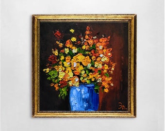 Bouquet Painting Flower Original Art Autumn Still Life Painting Floral Wall Art Autumn Flowers Artwork Yellow Brown Painting 6 x 6 in