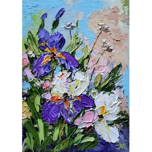 Pintura de iris, arte floral original, paisaje con iris, pintura empastada, pintura al óleo, flor, pequeña obra de arte de FlowerOriginalArt