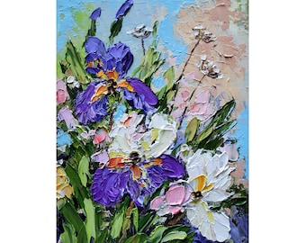 Iris Malerei Floral Original Kunst Landschaft mit Iris Malerei Impasto Ölgemälde Blume Kleine Kunstwerk 5 x 7 ”von FlowerOriginalArt