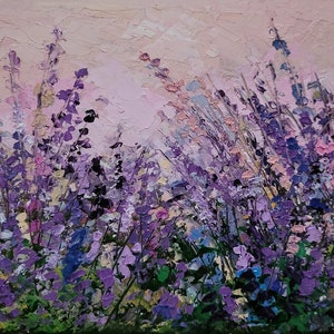 Pintura de lavanda, arte original de flores, pintura al óleo de lavanda empastada, arte de pared pequeño, pintura de paisaje de FlowerOriginalArt