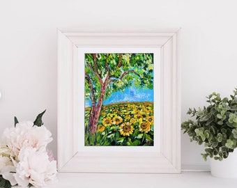 Tournesols Peinture originale Toscane Toile Mur Art Empâtement Peinture à l’huile Impressionniste Ferme Paysage rural Lavande par FlowerOriginalArt