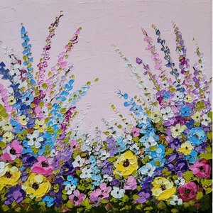 Daisy Pintura Flor Prado Arte Original Impasto Pintura Pequeña Pared Arte Flor Pintura Rosa Pintura 8 x 8" por FlowerOriginalArt