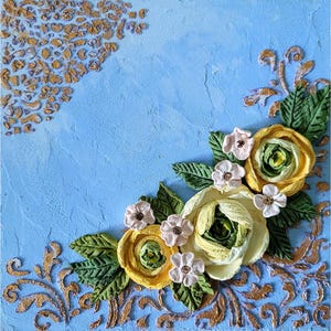 Escultura de flores, pintura de rosas, arte original 3D, pintura floral, flores de aniversário, arte de parede 3D, rosas amarelas, arte 6 x 6''por FlowerOriginalArt