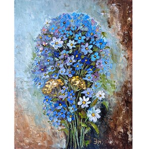 Daisy pintura floral arte original ramo pintura flores silvestres pared arte flores azules impasto pintura al óleo 8 x 10" por FlowerOriginalArt