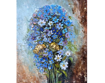 Daisy Painting Floral Original Art Bouquet Painting Wildflowers Wall Art Blue Flowers Impasto Oil Painting 8 x 10" by FlowerOriginalArt