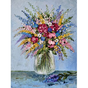 Pintura de ramo de flores, arte original, pintura de flores de empasto, rosas, obra de arte, pintura de flores silvestres, 16 x 12 pulgadas, de FlowerOriginalArt
