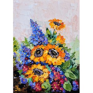 Pintura de ramo de girasoles Arte original Ramo de girasoles Obra de arte Pintura de flores de color lila Pintura de empasto de 6 x 8'' de FlowerOriginalArt
