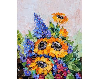 Blumenstrauß Sonnenblumen Kunstwerk Lila Gemälde Blumen Impasto Gemälde 6 x 8 '' von FlowerOriginalArt