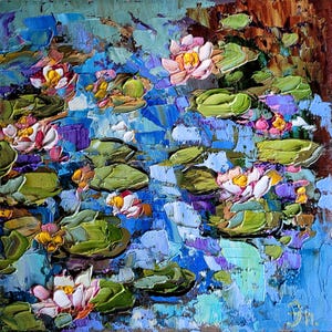 Pintura de nenúfares, flores de loto, arte original, pintura de flores empastadas, decoración, regalos para ella, 6 x 6 pulgadas, de FlowerOriginalArt