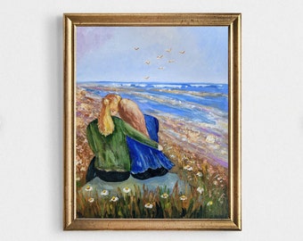 Santa Monica Beach Gemälde Los Angeles Original Kunst Menschen Am Strand Zwei Schwestern Malerei Leinwand 18,5 cm von FlowerOriginalArt