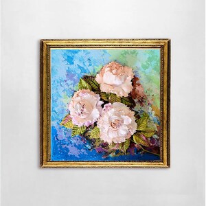 Peinture florale originale de roses, oeuvre d'art floral texturé 3D, petite peinture sculpturale vintage, peinture de roses 8 x 8 fleurs
