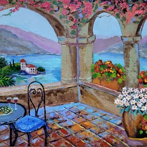 Pintura de Positano, arte original de Italia, pintura de paisaje marino de la costa de Amalfi, pintura de Italia, obra de arte de FlowerOriginalArt