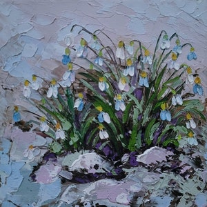 Pintura de campanillas de invierno, arte original de flores empastadas, pintura empastada, arte floral, arte mural de campanillas de invierno, pintura pequeña de 6 x 6 pulgadas de FlowerOriginalArt