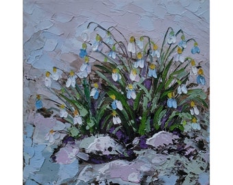 Snowdrops Painting Flower Original Art Impasto Painting Floral Art Snowdrops Wall Art Landscape Small Painting 6 x 6” by FlowerOriginalArt