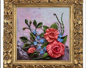 Roses Painting Flower Textured Original Art Impasto Oil Painting Sculpture Painting Rose 3D Wall Art 8" x 8" by FlowerOriginalArt