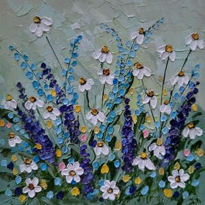 Pintura de margaritas, arte floral original, pintura al óleo de flores empastadas, paisaje, obra de arte pequeña, pintura de flores silvestres, 6 x 6 pulgadas, de FlowerOriginalArt