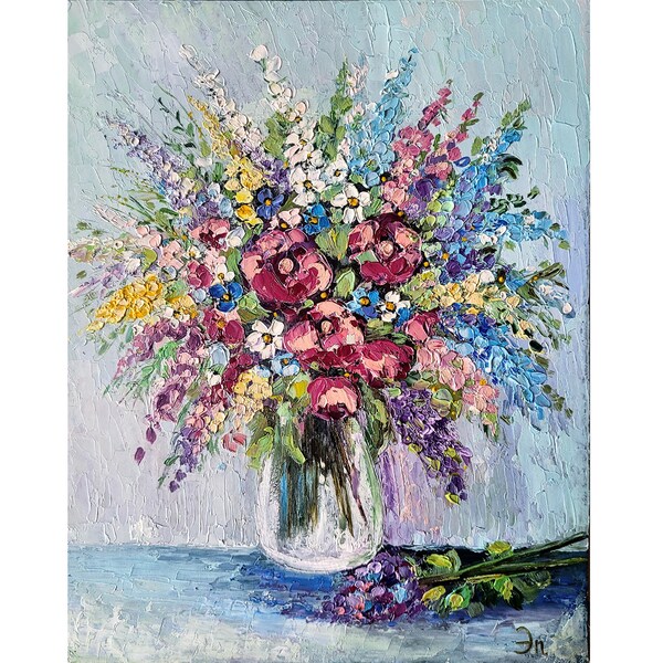 « Bouquet de fleurs, peinture originale empâtement, peinture de roses, oeuvre d'art, peinture de fleurs sauvages » par FlowerOriginalArt