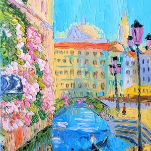 Pintura italiana, arte original de Venecia, pintura de paisaje urbano, arte mural de buganvillas, pintura de empasto de Venecia, 8 x 10 pulgadas, de FlowerOriginalArt