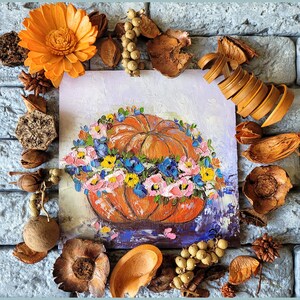 Pintura original de calabaza para pared, flores, naturaleza muerta, arte de pared de Halloween, pintura al óleo original pequeña, arte de calabaza, 6 x 6''