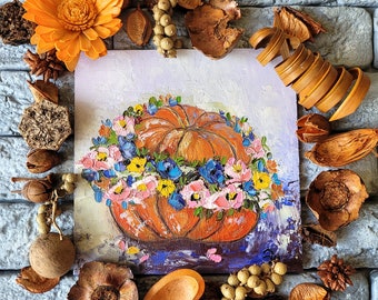 Pumpkin Wall Art Original Painting Flowers Still Life Painting Halloween Wall Art Small Original Oil Painting Pumpkin Art 6 x 6''