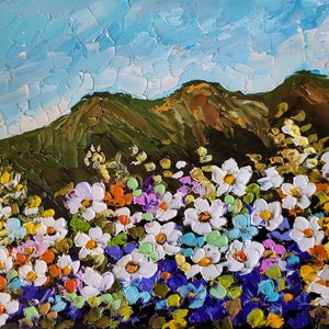 Pintura de margaritas, arte original de la Toscana, pintura de paisaje con flores empastadas, arte de paisaje mediterráneo, 18 x 13 cm, de FlowerOriginalArt