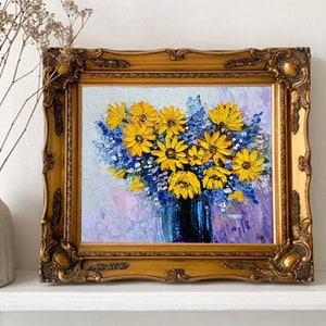 Ramo de margaritas, arte original, Rudbeckia Impasto, pintura al óleo, flores amarillas, arte mural, 25 x 20 cm, de FlowerOriginalArt