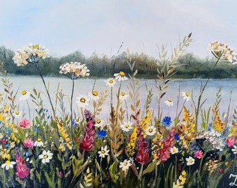 Flower Landscape Painting Daisies Original Art Floral Wall Art Blooming Meadow Impasto Oil Painting 16" x 12" inch by FlowerOriginalArt
