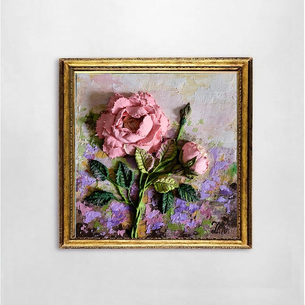 Fleurs roses, peinture de roses, peinture de roses vintage, peinture sculpturale florale, texture d'art mural 20 x 20 cm par FlowerOriginalArt