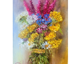 Wildflower Painting Flower Original Art Daisy Artwork Bouquet Painting Impasto Oil Paintings on Canvas by FlowerOriginalArt