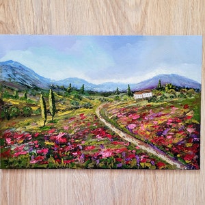 Italy Painting Tuscany Original Art Landscape With Poppies Painting Flower Wall Art Mediterranean landscape Art 12 by 8 by FlowerOriginalArt image 8