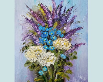 Bouquet Painting Hydrangea Original Art Floral Painting Impasto Flowers Wall Art Lavender Painting Canvas Artwork by FlowerOriginalArt