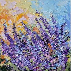 Pintura de lavanda Arte original floral Pintura de prado Pintura impasto Pintura lila Paisaje Pintura al óleo por FlowerOriginalArt
