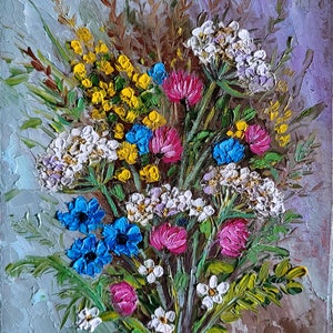Ramo de flores silvestres, pintura original, arte de flores, pintura de trébol, mini arte floral para pared, 5 x 7'', de FlowerOriginalArt