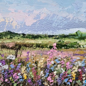 Paisaje de pintura al óleo de Toscana Arte original Pintura de pradera Pintura de campo de flores Lupino en el campo Obra de arte de FlowerOriginalArt