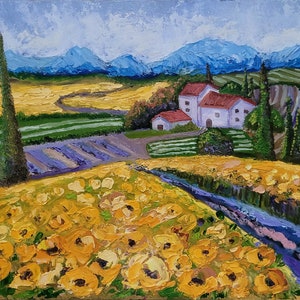 Pintura de girasoles, arte original de la Toscana, paisaje con girasoles, arte mural de flores, arte mediterráneo, 30 x 20 cm, de FlowerOriginalArt