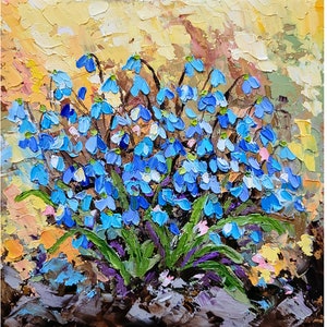 Flores azules pintando campanillas de nieve arte original flor impasto pintura campanillas de nieve pared arte paisaje pequeña pintura 6 x 6" por FlowerOriginalArt