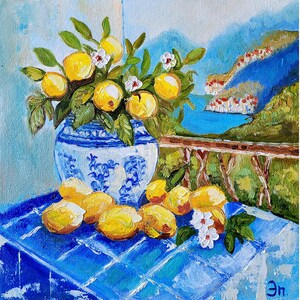 Pintura de limones Costa de Amalfi Arte original Paisaje marino Arte impresionista original Patrón de madera de limón Pintura italiana de FlowerOriginalArt