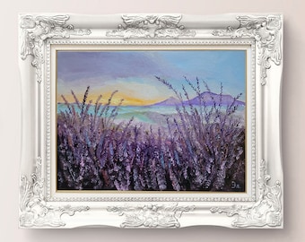 Lavender Field Painting Flower Original Art Country Field Wall Art Meadow Landscape Oil Painting Canvas by FlowerOriginalArt