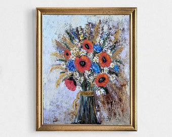 Bouquet Poppies Painting Flower Original Art Impasto Painting Bouquet Flowers Painting Red Flowers Artwork 8 x 10" by FlowerOriginalArt