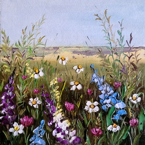 Pintura de pradera, obra de arte floral original, arte mural con flores, empasto, óleo, paisaje, campo, 15 x 15 cm, de FlowerOriginalArt