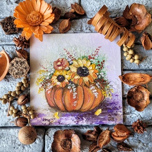 Pintura de calabaza, flores, arte original, naturaleza muerta, pintura de Halloween, arte de pared, pequeña pintura al óleo original, arte de pared de calabaza, 6 x 6''
