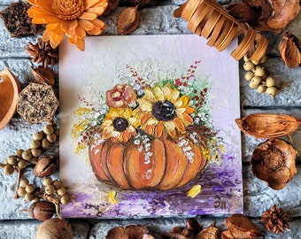 Pumpkin Painting Flowers Original Art Still Life Painting Halloween Wall Art Small Original Oil Painting Pumpkin Wall Art 6 x 6''