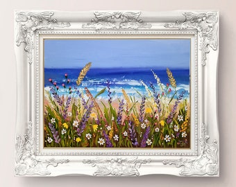 Wildflower Painting Monterey Original Art Big Sur Impasto Oil Painting Pacific Seascape Art Meadow Painting by FlowerOriginalArt