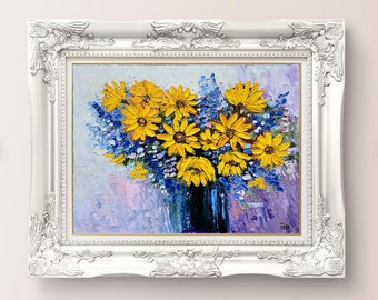 Black Eyed Susans Daisy Flowers Art Floral Original Art Rudbeckia Impasto Oil Painting Yellow Flowers Wall Art 10 x 8'' by FlowerOriginalArt