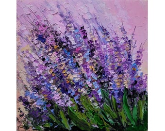 Lavender Painting Flower Original Art Meadow Painting Impasto Country Field Wall Art Landscape Oil Painting by FlowerOriginalArt