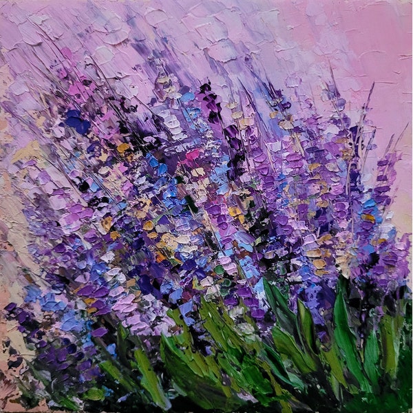 Lavender Painting Flower Original Art Meadow Painting Impasto Country Field Wall Art Landscape Oil Painting by FlowerOriginalArt