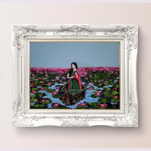 Pintura de Lírio Flor Arte Original Pintura de Lírio Lagoa Impasto de Lírio Arte Original A Menina no Barco Obra de Arte por FlowerOriginalArt