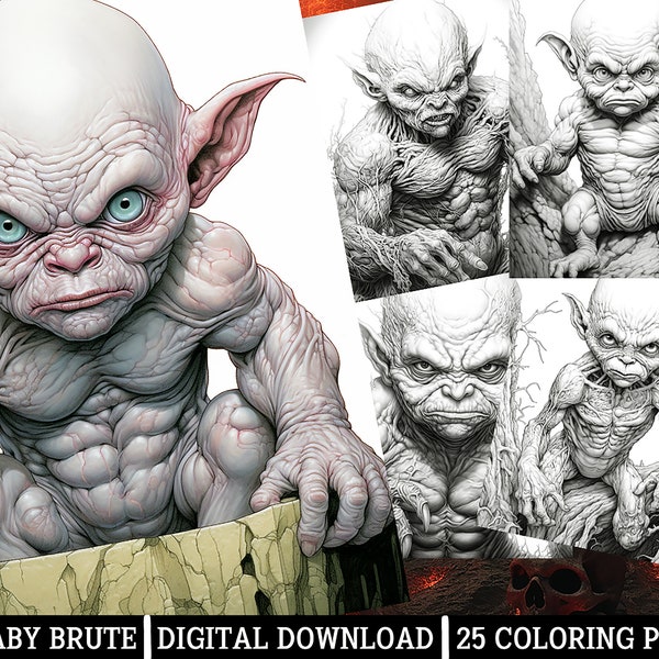 Baby Brute Coloring Pages for Adults -Instant Download -Grayscale Coloring Page, Printable PNG/JPEG Horror Themed Muscular Child Artworks