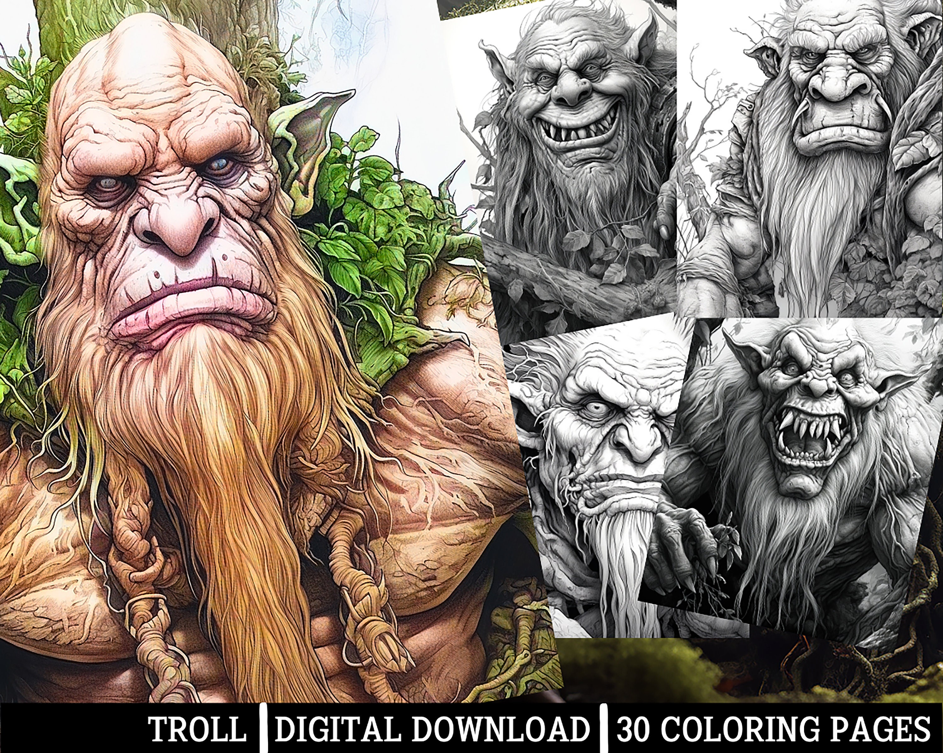Troll Coloring Pages for Adults Instant Download grayscale - Etsy